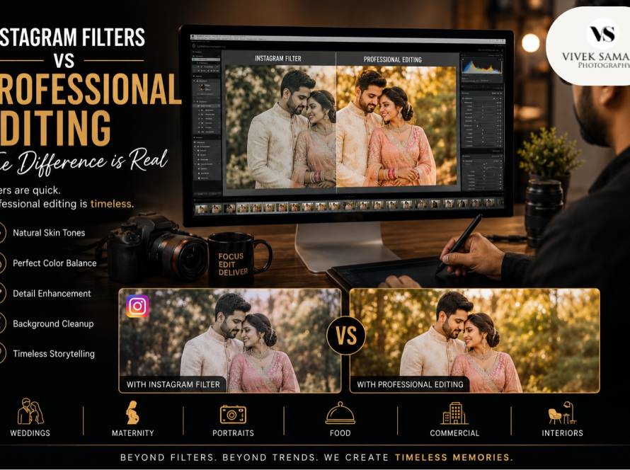 Instagram filters vs professional photo editing comparison, professional photographer editing wedding photos, best photographer in Indore, photo retouching and color correction, wedding photography editing, professional image enhancement, photographer working on post-production, commercial photography editing, and high-quality photo editing workflow.