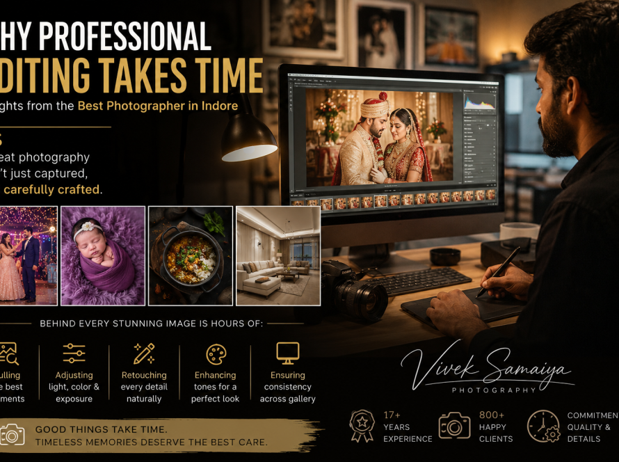 Professional photographer editing wedding photographs on a computer screen, demonstrating the detailed post-production process used to create high-quality wedding, maternity, food, and commercial photography images in Indore.