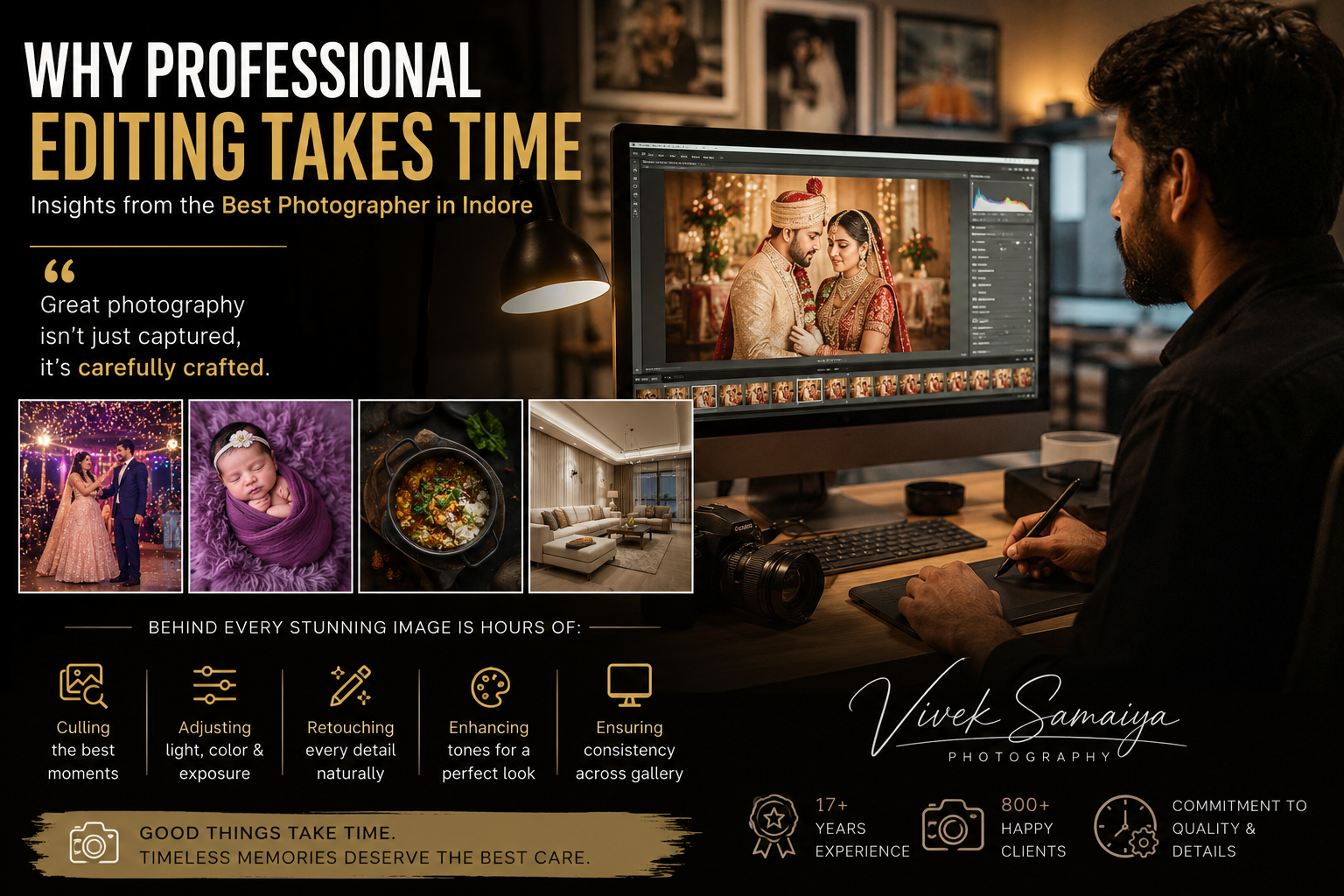 Professional photographer editing wedding photographs on a computer screen, demonstrating the detailed post-production process used to create high-quality wedding, maternity, food, and commercial photography images in Indore.